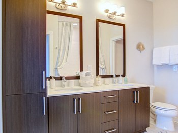 Double sink bathroom at Caroline Apartments in Charleston SC